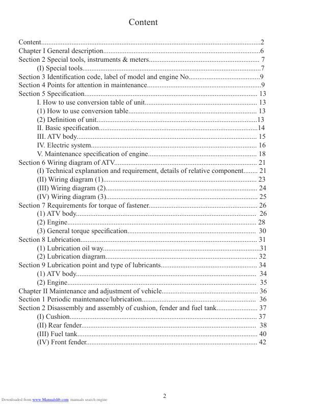 Baja WD250U Wilderness Trail Service Manual table of contents