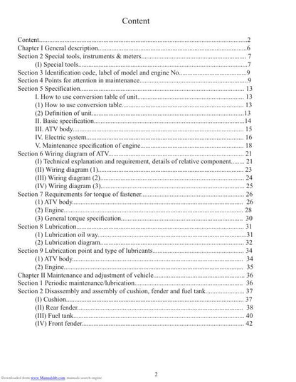 Baja WD250U Wilderness Trail Service Manual table of contents