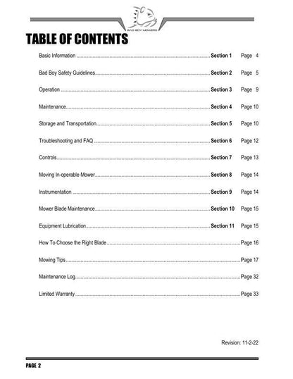 Badboy Rebel Outlaw Zero Turn Mower Service Manual table of contents