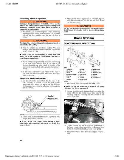Arctic ZR120 Kitty Cat Snowmobile Service Manual sample page with service data and tables