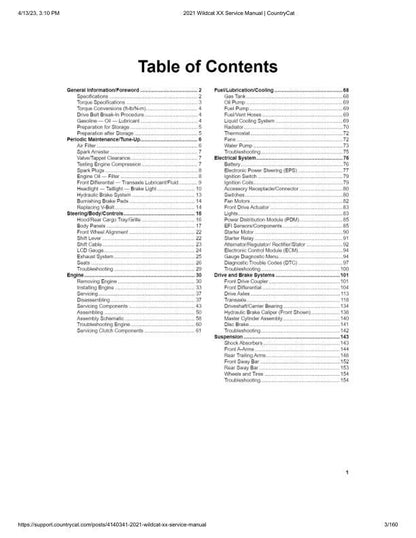 Arctic Cat Wildcat XX UTV Service Manual table of contents