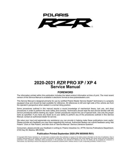Polaris RZR Pro XP UTV Service Manual factory service manual title page