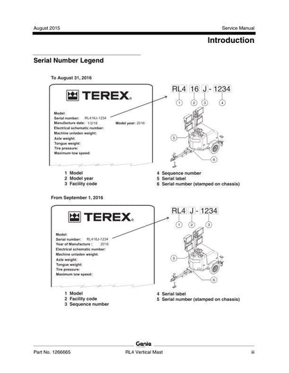 Genie RL 4 Gas Powered Light Tower Service Manual table of contents