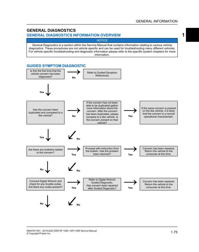 Polaris RZR XP 1000 UTV Service Manual sample page with service data and tables