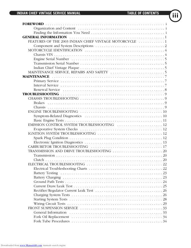 Indian Chief Vintage Deluxe Roadmaster Springfield Motorcycle Service table of contents