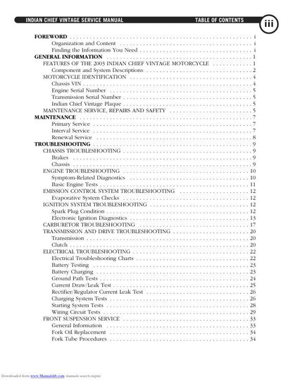 Indian Chief Vintage Deluxe Roadmaster Springfield Motorcycle Service table of contents