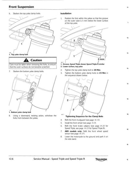 Triumph Speed Triple Motorcycle Service Manual sample page with service data and tables