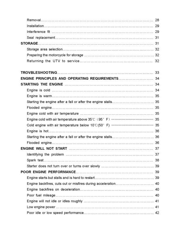 HiSun HS700 HS600 HS500 UTV Service Manual sample page with diagrams and specifications