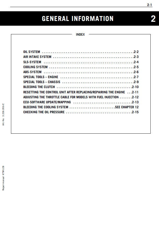 KTM 950 990 LC8 Motorcycle Engine Service Manual table of contents