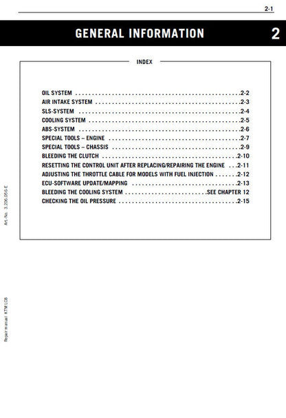 KTM 950 990 LC8 Motorcycle Engine Service Manual table of contents