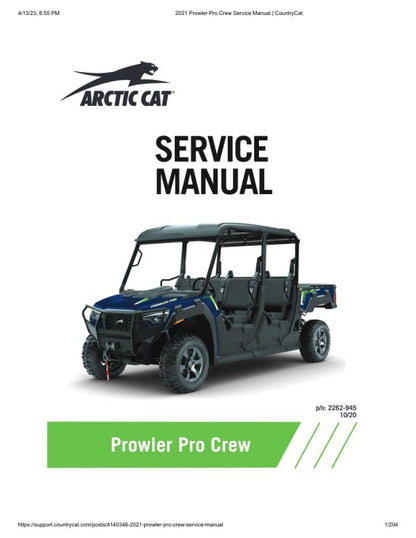 Arctic Cat Prowler Pro CREW UTV Service Manual factory service manual title page