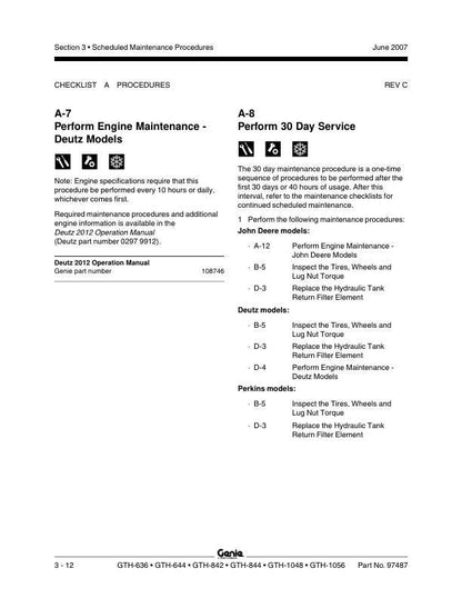 Genie GTH 36 644 842 844 1048 1056 Telehandler Service Manual table of contents
