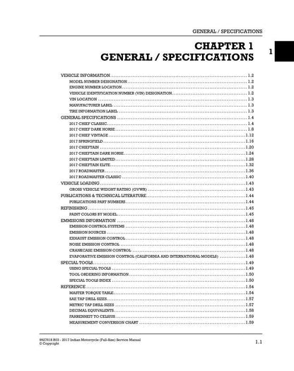 Indian Chief Roadmaster Springfield Motorcycle Service Manual sample page with diagrams and specifications