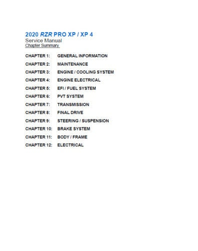 Polaris RZR Pro XP UTV Service Manual table of contents