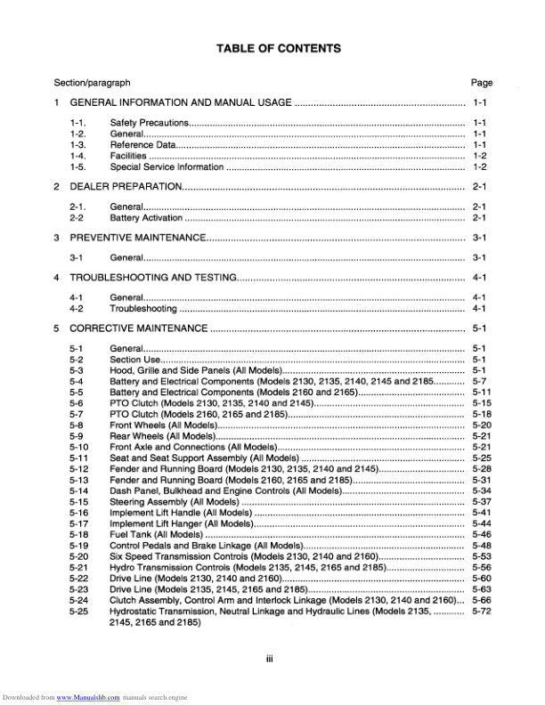 Cub Cadet 2000 Mower Service Manual table of contents