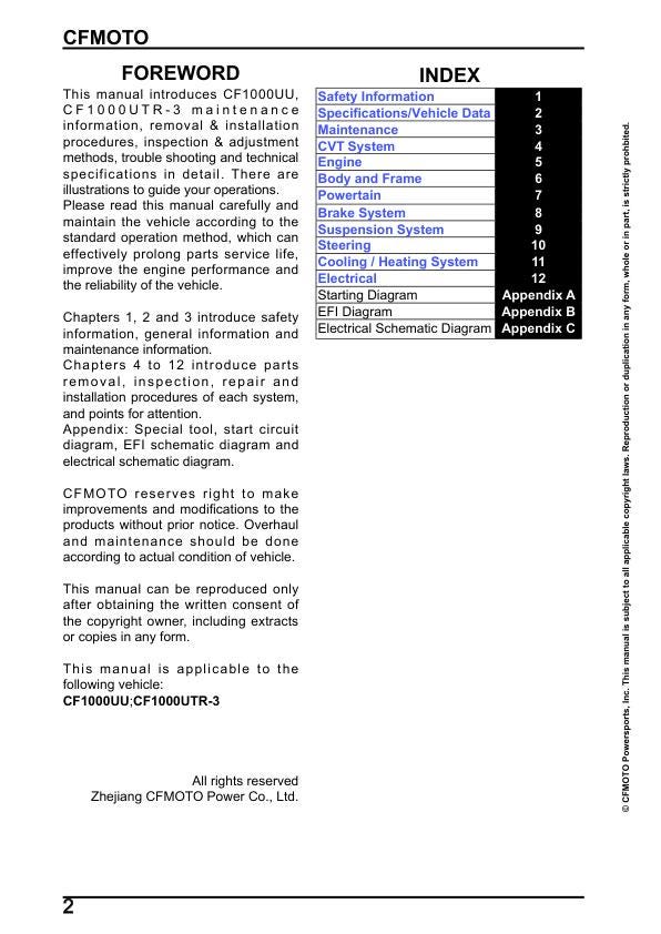 CFMOTO UFORCE 1000 UTV Service Manual table of contents