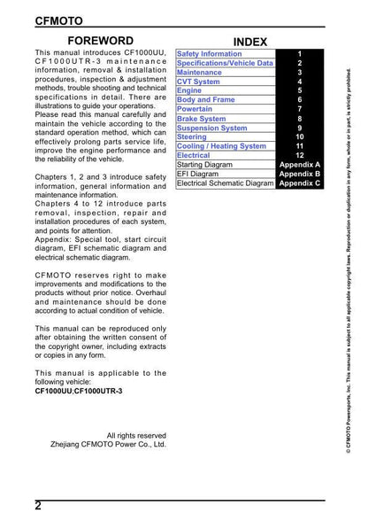 CFMOTO UFORCE 1000 UTV Service Manual table of contents