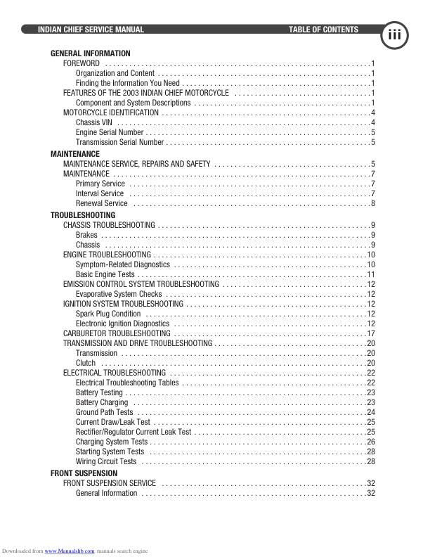 Indian Chief Deluxe Roadmaster Springfield Motorcycle Service Manual table of contents