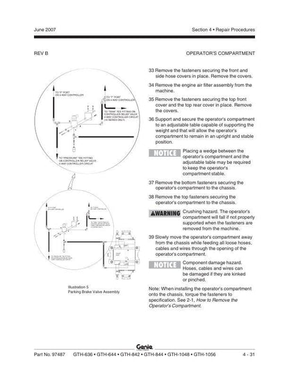 Genie GTH 36 644 842 844 1048 1056 Telehandler Service Manual sample page showing repair procedures