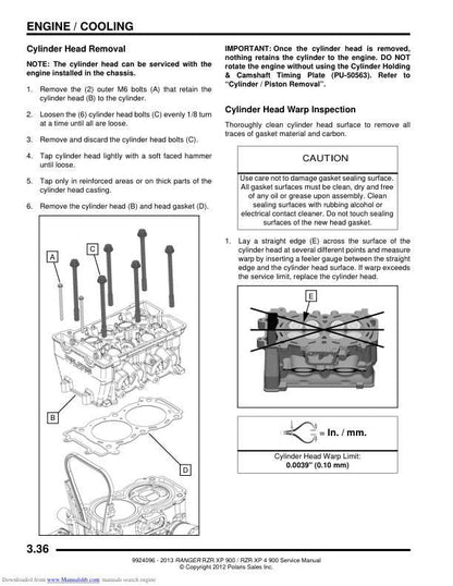 Polaris RZR 900 EPS XP XP4 UTV Service Manual sample page with diagrams and specifications