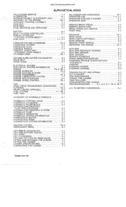 Bobcat 450 453 Skid Steer Loader Service Manual table of contents