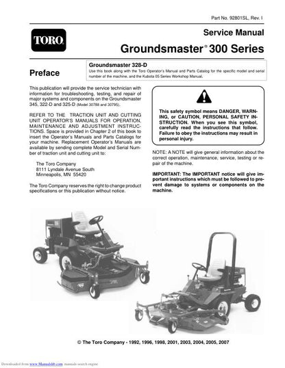 Toro Groundsmaster 322 325 345 Mower Service Manual factory service manual title page