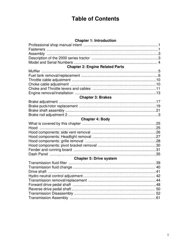 Cub Cadet 2000 Tractor Service Manual table of contents