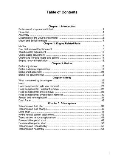 Cub Cadet 2000 Tractor Service Manual table of contents