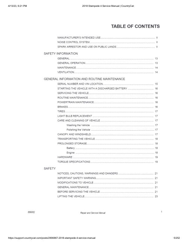 Textron (Arctic Cat) Stampede XTR UTV Service Manual table of contents