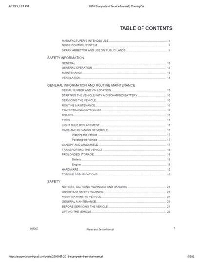 Textron (Arctic Cat) Stampede XTR UTV Service Manual table of contents