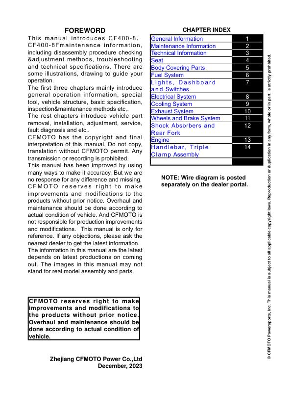 CFMOTO IBEX 450 Service Manual table of contents