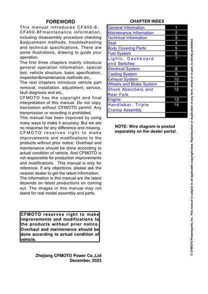 CFMOTO IBEX 450 Service Manual table of contents