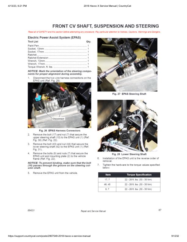 Arctic Cat Havoc X UTV Service Manual sample page showing repair procedures
