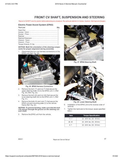 Arctic Cat Havoc X UTV Service Manual sample page showing repair procedures