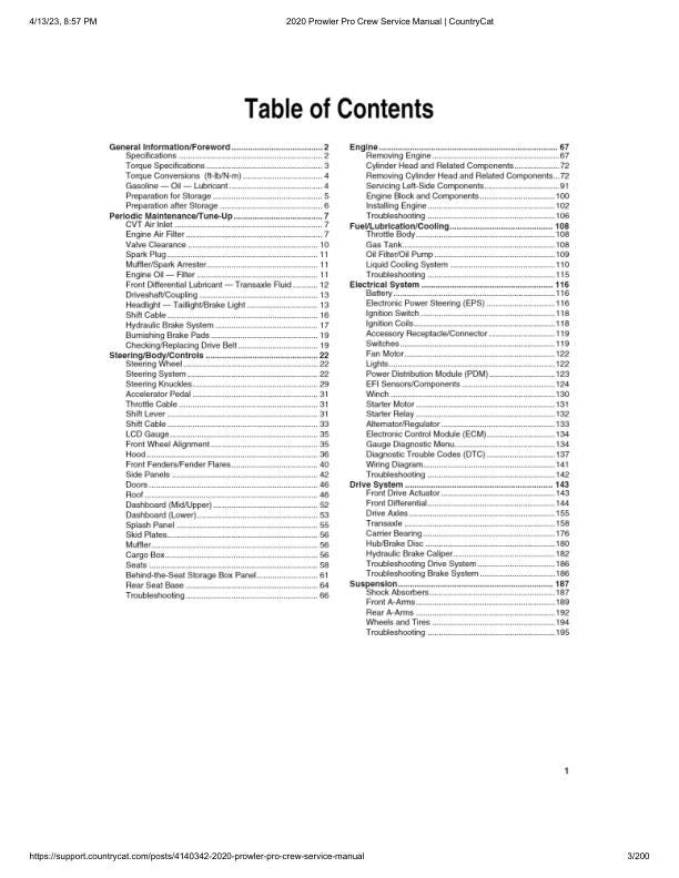 Arctic Cat Prowler Pro CREW UTV Service Manual table of contents