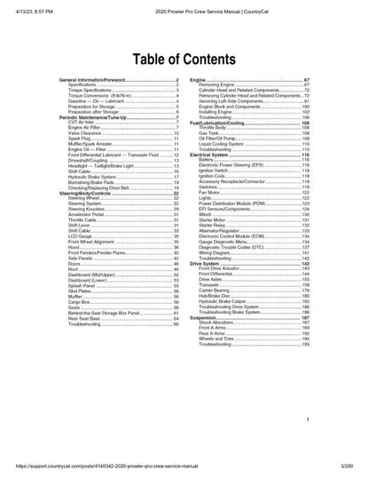 Arctic Cat Prowler Pro CREW UTV Service Manual table of contents