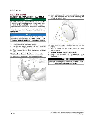 Indian Chief Roadmaster Springfield Motorcycle Service Manual sample page with service data and tables
