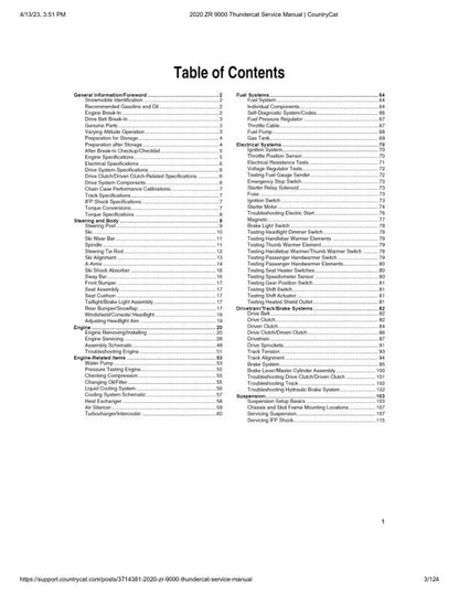 Arctic Cat Thundercat ZR 9000 Snowmobile Service Manual table of contents