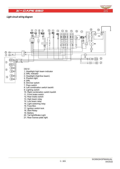 Motormorini X Cape 650 Motorcycle Service Manual sample page showing schematics and diagrams