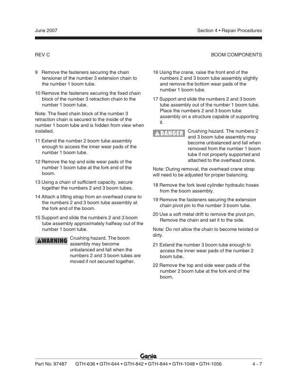 Genie GTH 36 644 842 844 1048 1056 Telehandler Service Manual sample page with diagrams and specifications