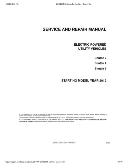 Cushman Electric Shuttle 2 4 6 Golf Cart Service Manual factory service manual title page
