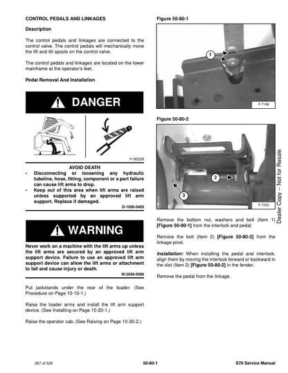 Bobcat S70 Skid Steer Loader Service Manual sample page with service data and tables