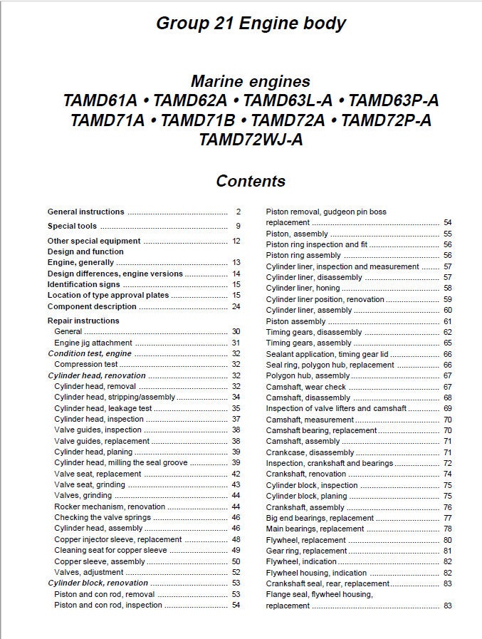 Volvo Penta TAMD  61A 62A 63L 63P 71A 71B 72A 72P 72WJ Service Manual sample page with technical illustrations