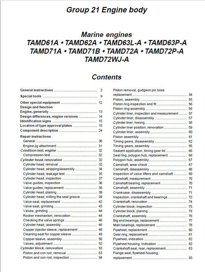 Volvo Penta TAMD  61A 62A 63L 63P 71A 71B 72A 72P 72WJ Service Manual sample page with technical illustrations