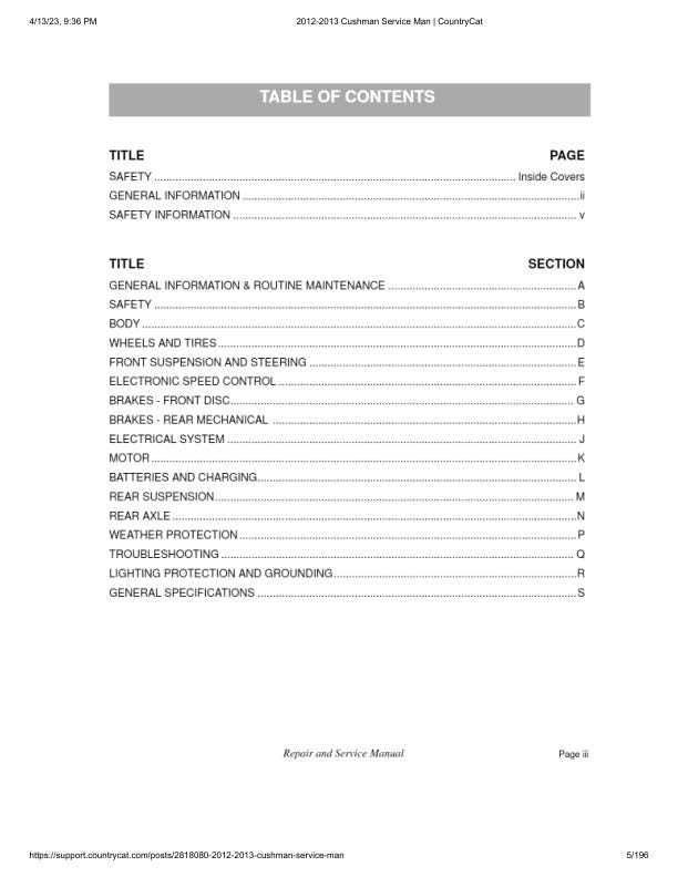 Cushman Electric Shuttle 2 4 6 Golf Cart Service Manual table of contents