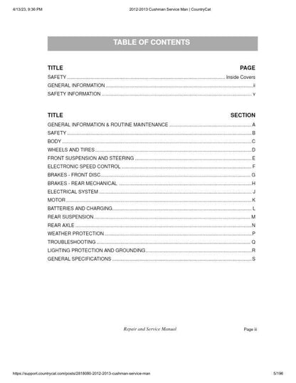 Cushman Electric Shuttle 2 4 6 Golf Cart Service Manual table of contents
