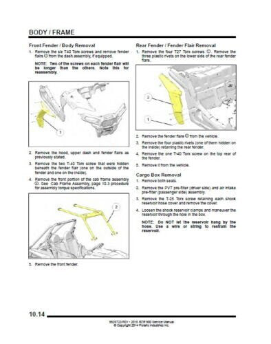 Polaris RZR 900 EPS S XC UTV Service Manual sample page with technical illustrations