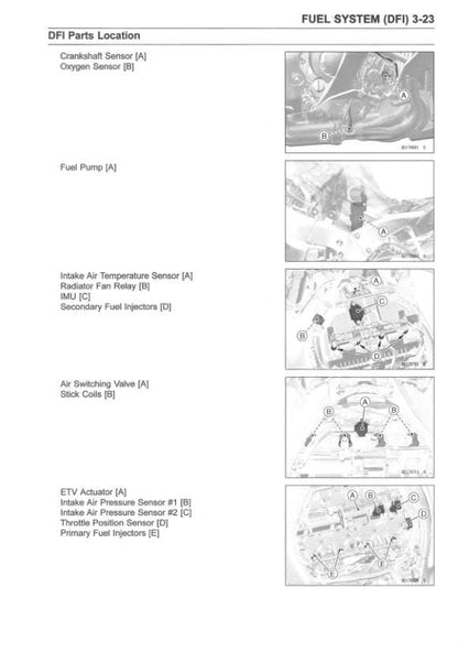 Kawasaki Ninja ZX-10R Motorcycle Service Manual sample page with diagrams and specifications