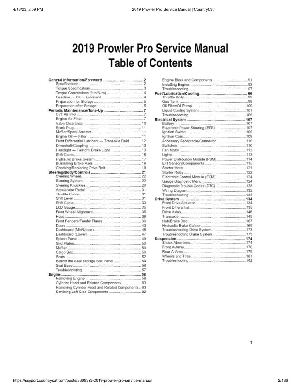 Arctic Cat Prowler Pro UTV Service Manual table of contents