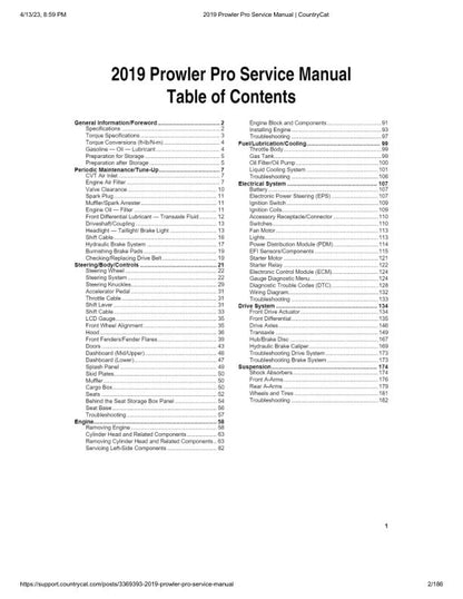 Arctic Cat Prowler Pro UTV Service Manual table of contents